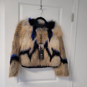 Proceeds to Charity-NEW-Fur coat-zip up jacket-dramatic black/blue pattern-Tags